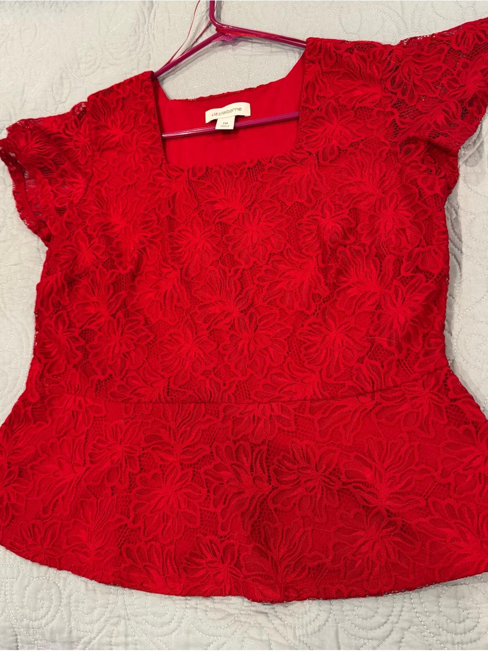 Liz Claiborne Red Floral Lace Peplum Short-Sleeve Top